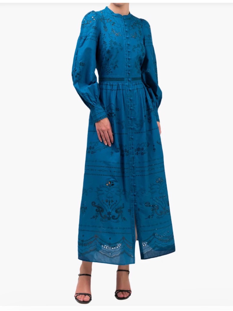 Marchesa Rosa Embroidered Cotton Voile Tiered Maxi Dress In Teal Nwt $745 Retail